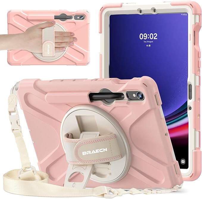 BRAECNstock for Samsung Galaxy Tab S10 Lite/ S10 FE/ S9 FE/ S9/ S8/ S7 5G Case 10.9/11 Shockproof Protective Kids Case with Pen Holder Rotating Hand Strap &amp Stand Shoulder Strap Sakura Pink