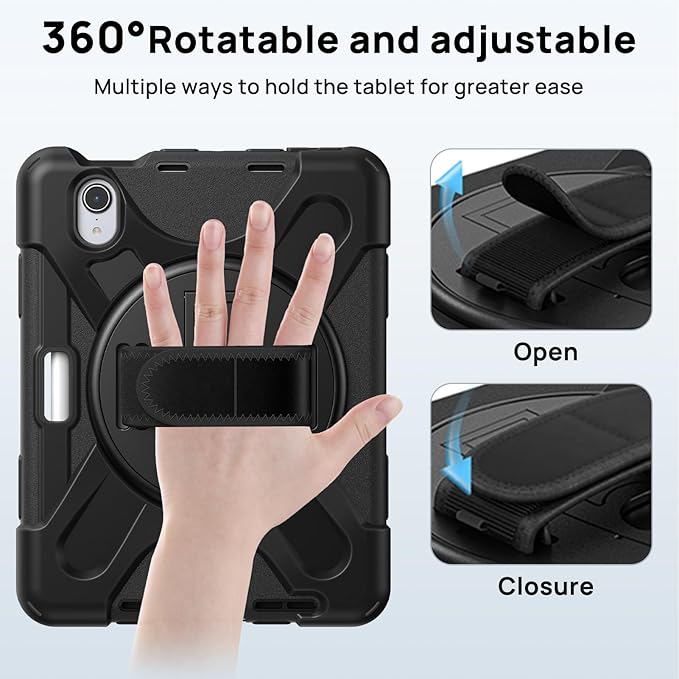Gerutek Case for iPad mini 7 (A17 Pro) 2024/Mini 6 2021 8.3 inch Shockproof Cover for iPad mini 7/6th Generation with Screen Protector 360° Rotating Stand Hand/Shoulder Strap Pencil Holder Black