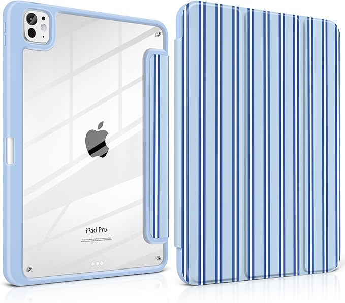 Case for iPad Pro 11 Inch (M5 2025 M4 2024) – [Built-in Pencil Holder] Shockproof &amp Stylish Clear Hard Back + Soft TPU Edge Magnetic Trifold Stand Auto Wake/Sleep Blue Stripes