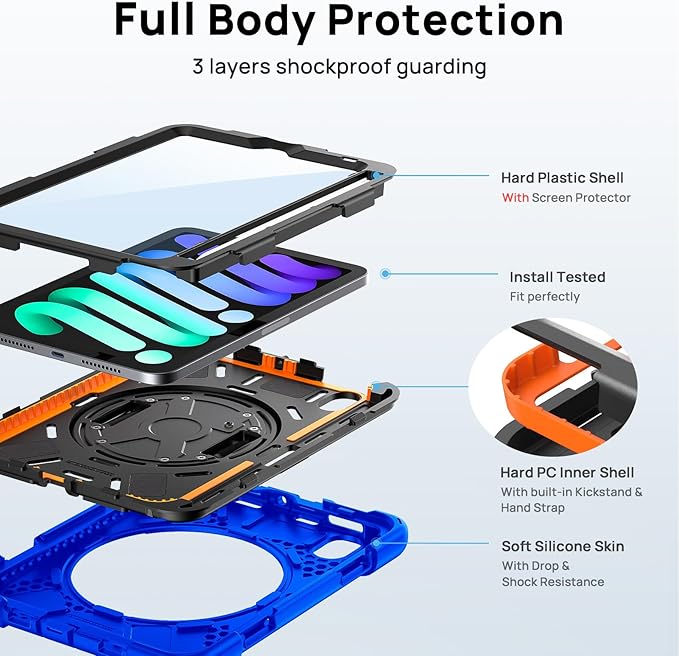 Gerutek Case for iPad mini 7 (A17 Pro) 2024/Mini 6 2021 8.3 inch Shockproof Cover for iPad mini 7/6th Generation with Screen Protector 360° Rotating Stand Hand/Shoulder Strap Pencil Holder Blue