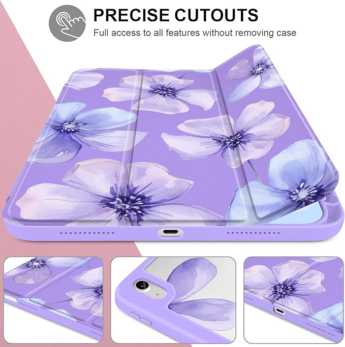 Case for iPad (A16) 11th Generation 11 inch 2025 /iPad 10th Gen 10.9 2022- Cute Patterns Violet Cover with Clear Back Shell Auto Wake Sleep Trifold Stand &amp Pencil Holder Blue Floral