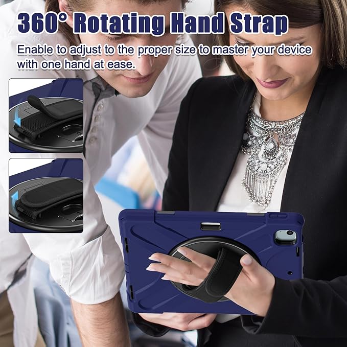 for iPad Air 13-inch M2 (2024) A2898/A2899 for iPad Pro 12.9 Rugged Case Portable Heavy Duty Shock-Proof Armor Cover with Swivel Kickstand/Hand Grip Shoulder Strap Pencil Holder (Navy)