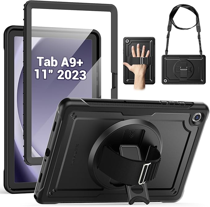 SEYMAC for Samsung Galaxy Tab A9+ Plus Case 11 2023 (SM-X210/X216/X218) Full-Body Shockproof Protective Case with Screen Protector Rotating Stand and Hand/Shoulder Strap Black