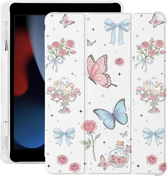 Cute Flower Butterfly for iPad Air 3 Case with Pencil Holder Auto Sleep/Wake White Leather Soft TPU Back Cover for iPad Pro 10.5 Inch 2017