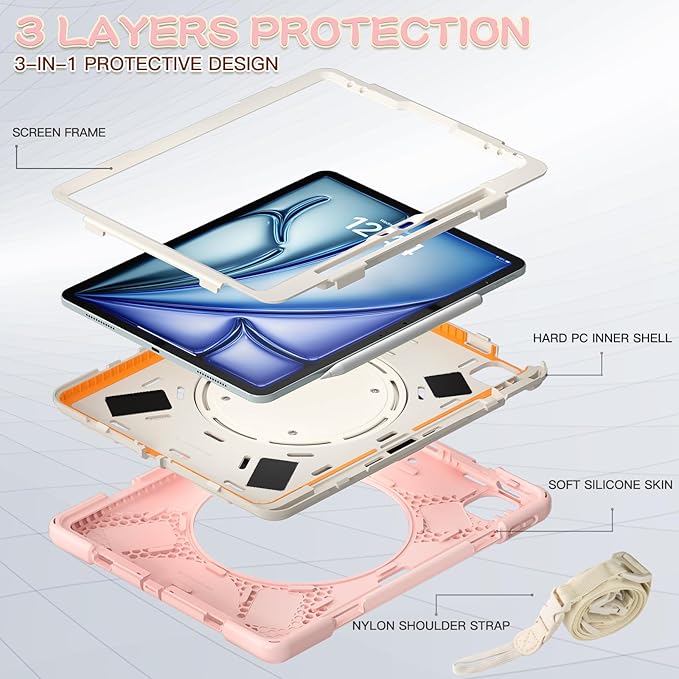 MEEgoodo Case for iPad Air 13 inch 2025 (M3) /2024 (M2) &amp iPad Pro 12.9 Case 6th/5th/4th/3rd Generation 2022 2021 2020 2018 Tablet Cover with Pencil Holder/Rotating Stand/Shoulder Strap Rose Gol