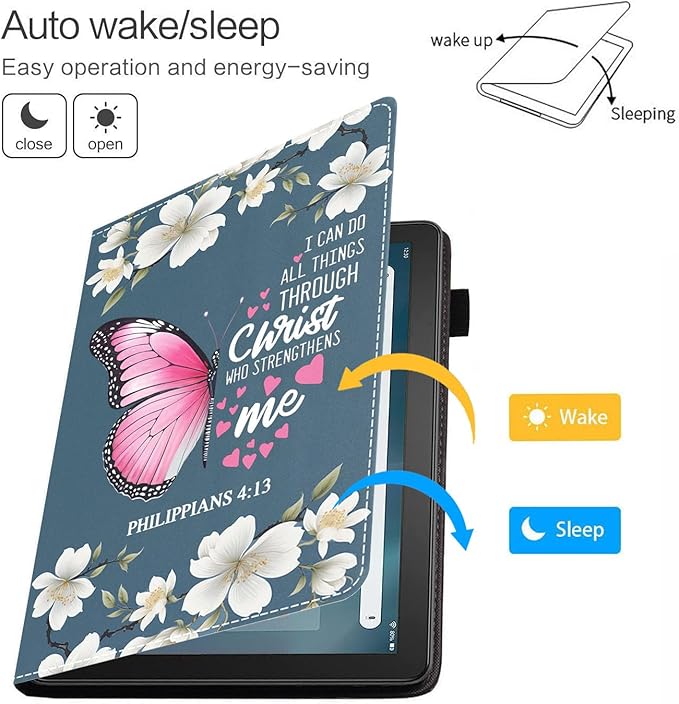 Case for Amazon Kindle Fire HD 10 &amp 10 Plus Tablet 10.1 (13th/11th Generation 2023/2021 Release) - Premium PU Leather Cover with Auto Sleep Wake Floral Butterfly Bible Verse Philippians 4:13