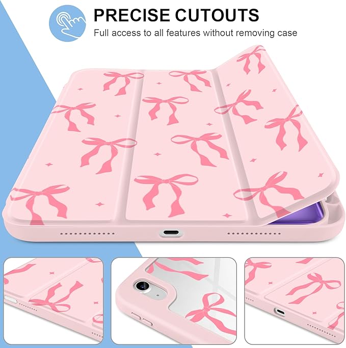MecBevia Case for iPad Air 11-inch M4 2026 / M3 2025 / M2 2024 Slim Protective Cover with Built-in Pencil Holder Auto Wake/Sleep Pink Bow