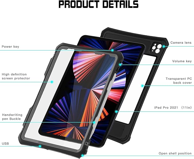ShellBox Case for iPad Pro 11 Inch 2021/2020Full-Body Protective CaseMagnetic Pencil HolderExternal Keyboard InterfaceIP68 Waterproof Dustproof Shockproof iPad Pro 11 Inch Case (Black)