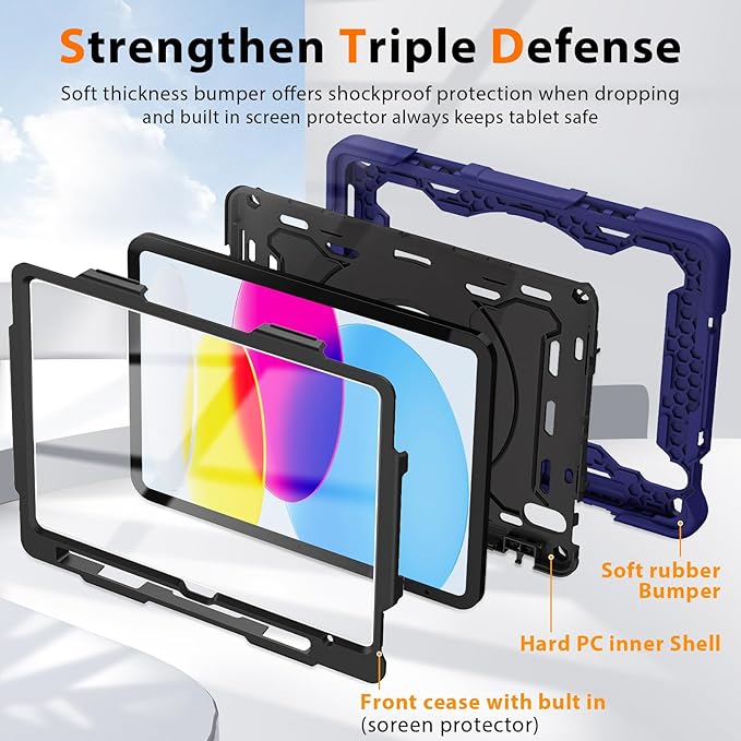 ROISKIN for iPad (A16) 11th/10th Generation Case 2025/2022 (11″/10.9″) Sturdy Heavy Duty Full-Body Shockproof Protective Case with Screen Protector Rotating Stand Handle/Shoulder Strap