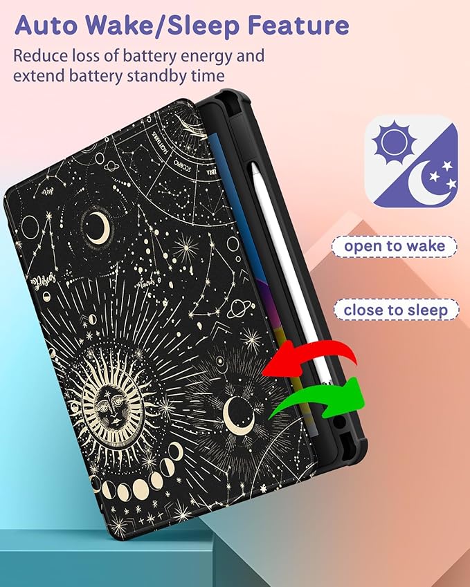 for iPad Air 11 inch Case Air 5th/4th Generation 10.9 Pro 11'' Case Women Girls for Apple Pencil Holder Cute Sun and Moon Stars Rotating Folio Cover for iPad Air 5/4 (2022/2020)/Pro 11