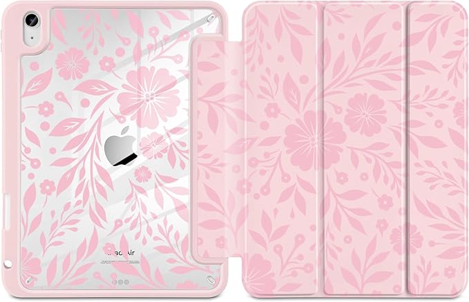 MecBevia Case for iPad Air 11-inch M4 2026 / M3 2025 / M2 2024 Slim Protective Cover with Built-in Pencil Holder Auto Wake/Sleep Pink Bloom