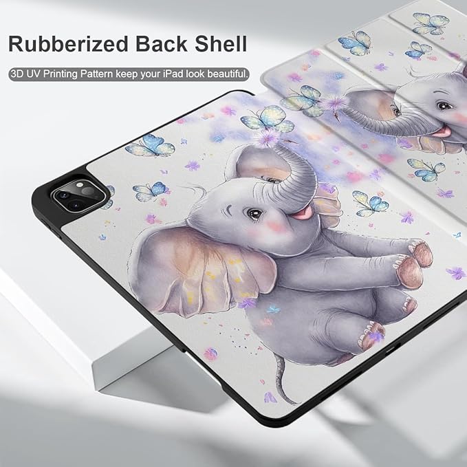 DONGKE Case for 2022/2021/2020/2018 iPad Pro 11 inch Gen 4/3/2/1 - Slim Protective Case - Built in Pencil Holder Support Charging - Trifold Stand &amp Sleep/Wake Cover - Elephant &amp Butterflies