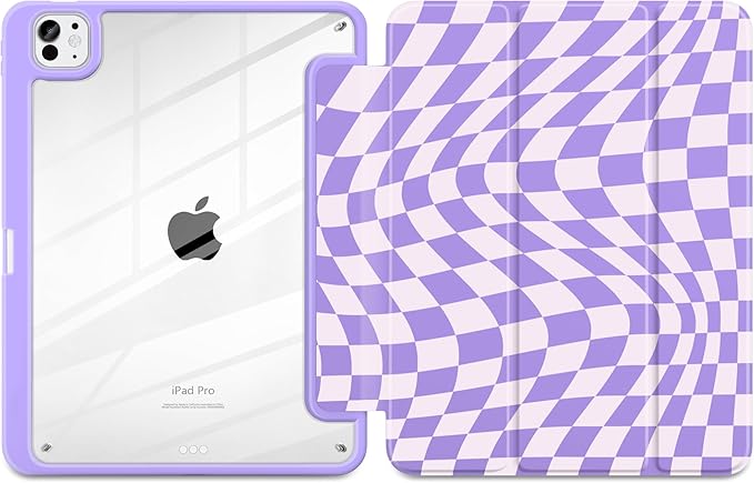 TWOLSKOO Case for iPad Pro 11-inch (M5 2025 / M4 2024) Clear Acrylic Back with TPU Bumper Pencil Holder Trifold Stand Auto Sleep/Wake Purple Wavy Checker