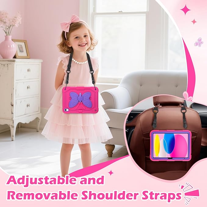 VOFUOE for iPad A16 Case 11th Generation 2025 11 Inch for iPad 10th Generation Case 2022 10.9 Inch for Kids Girls with Butterfly Stand Shoulder Strap Pencil Holder Hard Cover-Hot Pink &amp Purple Wi
