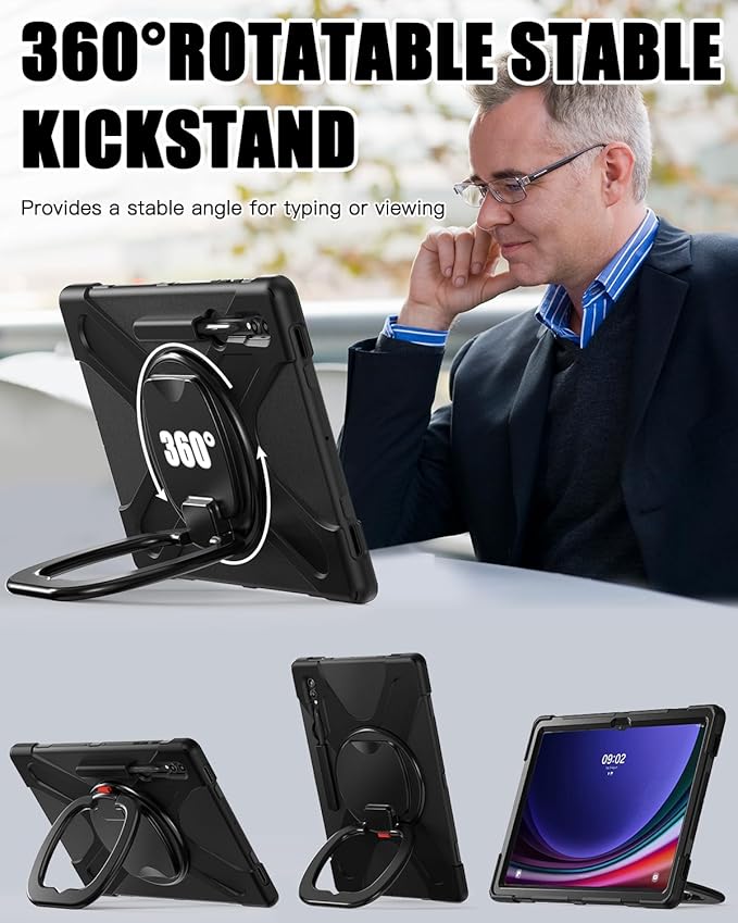 BRAECN Case for Samsung Galaxy Tab S10 Ultra/S9 Ultra/S8 Ultra 14.6” 2024/2023/2022 SM-X920/X926B/X910/X900 Heavy Duty Silicone Cover with S Pen Holder Handle Strip Kickstand Shoulder Strap Black