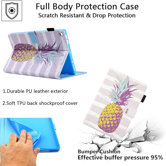 Fire HD 10 Case (9th Generation 2019 and 7th Gen 2017) with Pencil Holder [Multiple Angle Viewing] Stand Smart PU Leather Cover [Auto Sleep/Wake] for Amazon Kindle Fire 10.1Gold Pineapple