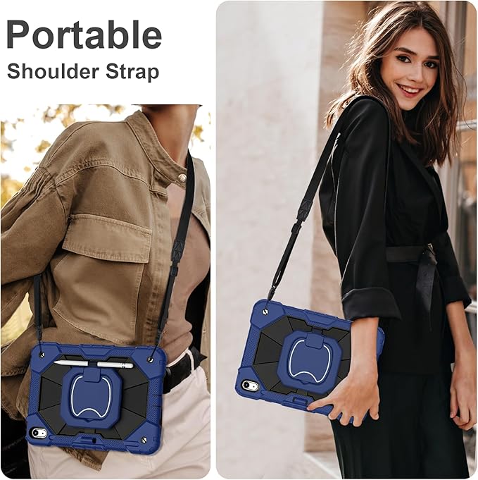 Case for iPad (A16) 11th Generation 11 Inch (2025) / iPad 10th Generation Case 10.9 Inch (2022) with 360° Rotating Stand Screen Protector Pen Holder Shoulder Strap Navy Black