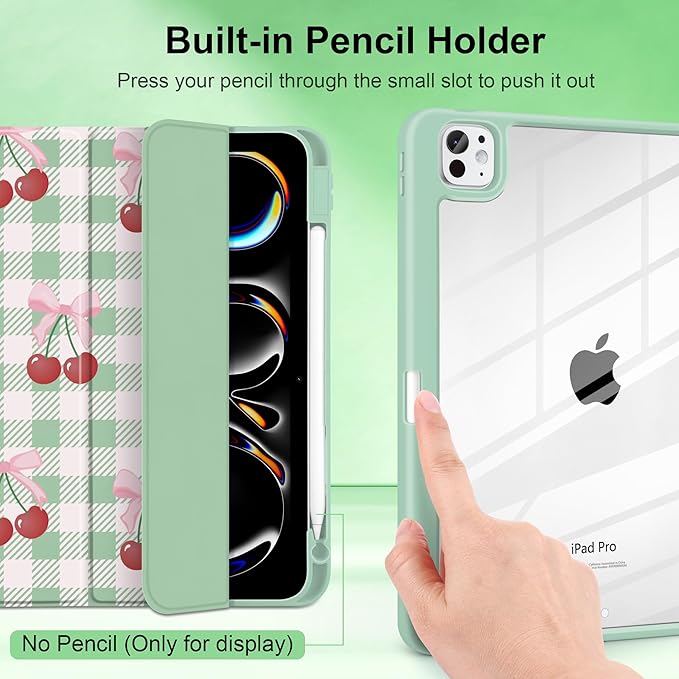 DONGKE for iPad Pro 11-Inch Case (M5 2025 / M4 2024) 6th/5th Generation [Auto Sleep/Wake &amp Pencil Pro Holder] Clear Acrylic Back Smart Trifold Stand Cover Green Cherry