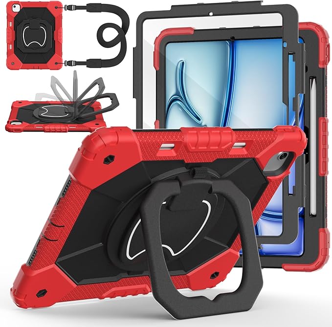 Case for iPad Air 13 Inch Case M4 2026/M3 2025/ M2 2024 Auorld for iPad Air 13 Inch Case M4 2026 Case with Screen Protector 360 Degree Rotating Stand Shoulder Strap Pencil Holder Red Black