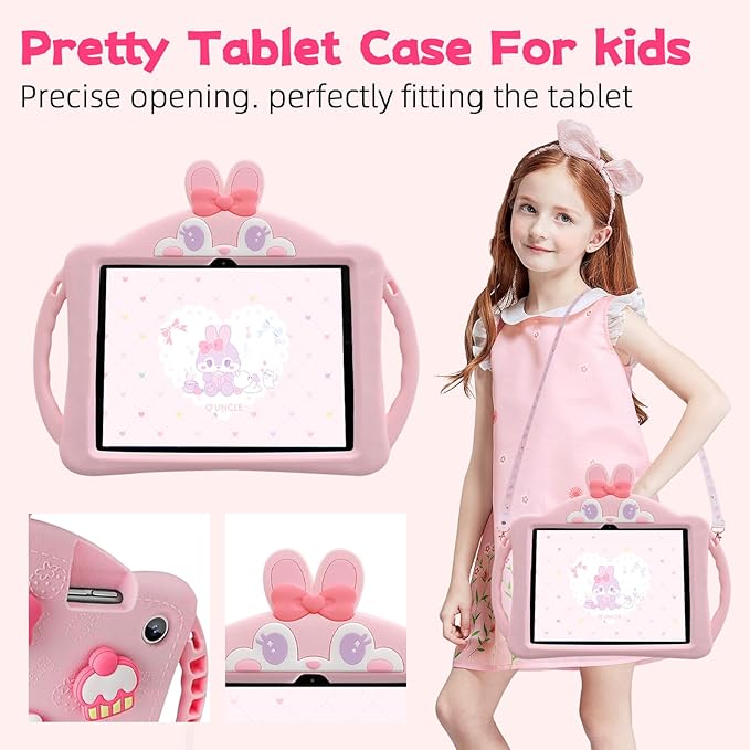 for iPad A16 Case/10th Generation Case Girls Teens Cute Cartoon 10.9 Inch 2022 Tablet Cover with Adjustable Shoulder Straps and Handle Cute Rabbit Soft Silicone Tablet Cover(Pink)