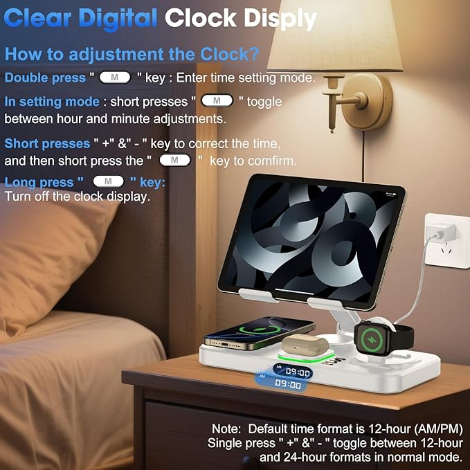 6 in 1 Wireless Charger for Apple Multiple Devices Charging Station with Clock &amp7 Color Ambient Light Foldable Rotate Stand for iPad for iPhone17/16/15 Support for Apple Watch11/10 For AirPods