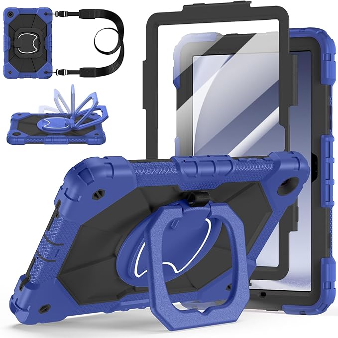 Case for Samsung Galaxy Tab A9 Plus 11 Inch 2023 Ubearkk Rugged Case for Samsung Galaxy A9+ Tablet SM-X210/X216/X218 with Screen Protector 360 Rotating Stand Shoulder Strap Pen Holder Navy Black