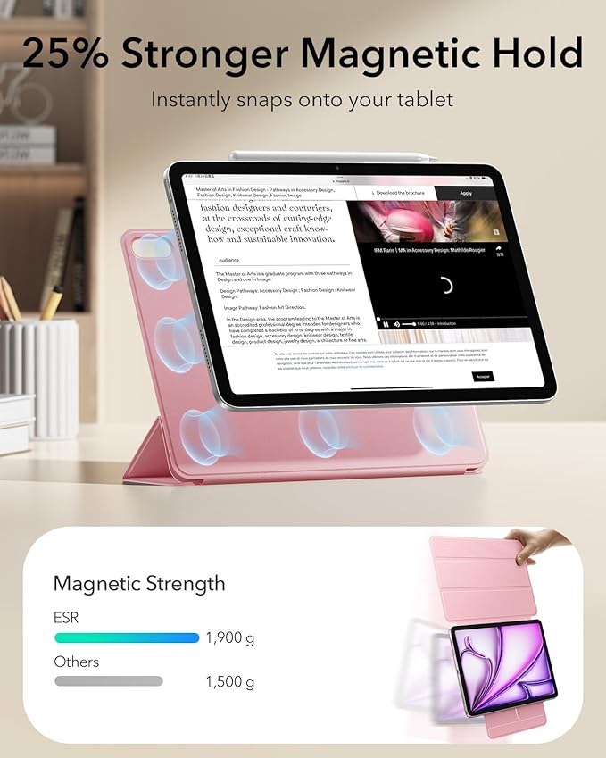 ESR for iPad Air 13 Inch Case M4/M3/M2 (2026/2025/2024) iPad Pro 12.9 Case Powerful Magnetic Attachment Slim Trifold Stand Case Supports Pencil Pro &amp Pencil (USB-C) Rebound Series Pink