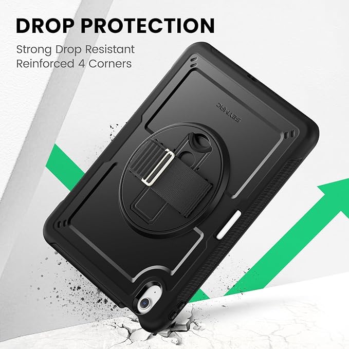 SEYMAC for iPad Air 11 Inch Case M4 / M3 / M2 (2026/2025 / 2024) Full-Body Shockproof Protective Case with Screen Protector Rotating Stand Hand/Shoulder Strap Black