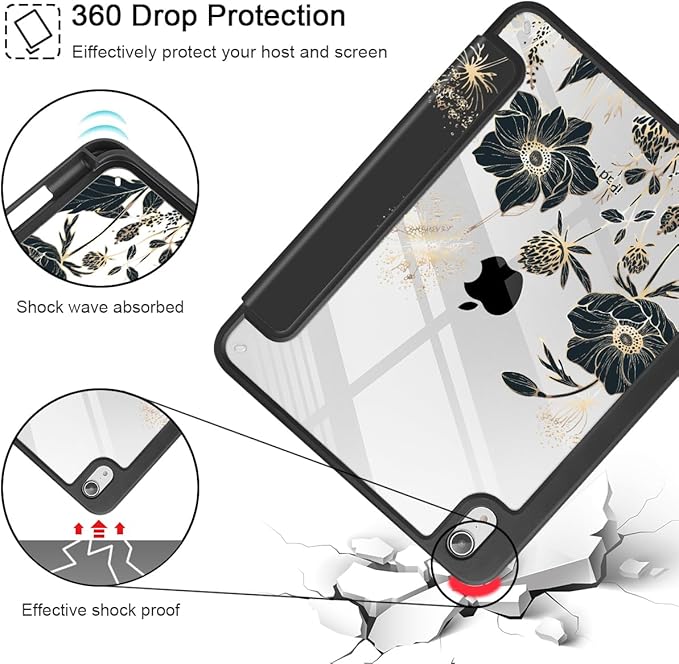 May Chen Slim Case for iPad mini 7 (A17 Pro 7th Generation) 2024 / iPad mini 6 (6th Gen) 8.3 Inch [Built-in Pencil Holder] Shockproof Cover Clear Clear Back Shell Auto Wake/Sleep Abstract Floral