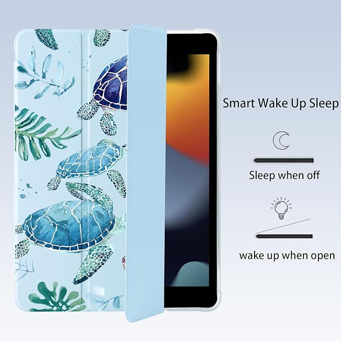 Cute Sea Turtle for iPad 5th/6th Generation Case with Pencil Holder Auto Sleep/Wake Blue Leather Soft TPU Back Cover for iPad 9.7 Inch
