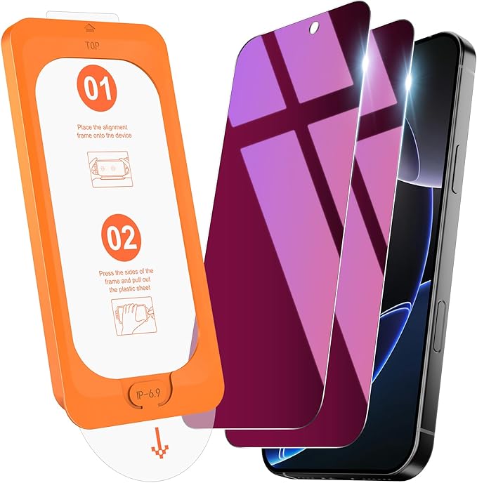 OMOTON 2 Pack Privacy Screen Protector for iPhone 16 Pro Max Purple &amp Pink Gradient Anti-Spy Tempered Glass Screen Protector with Auto-Dust Removal Tray Anti Blue &amp Eye Protection Case Frie