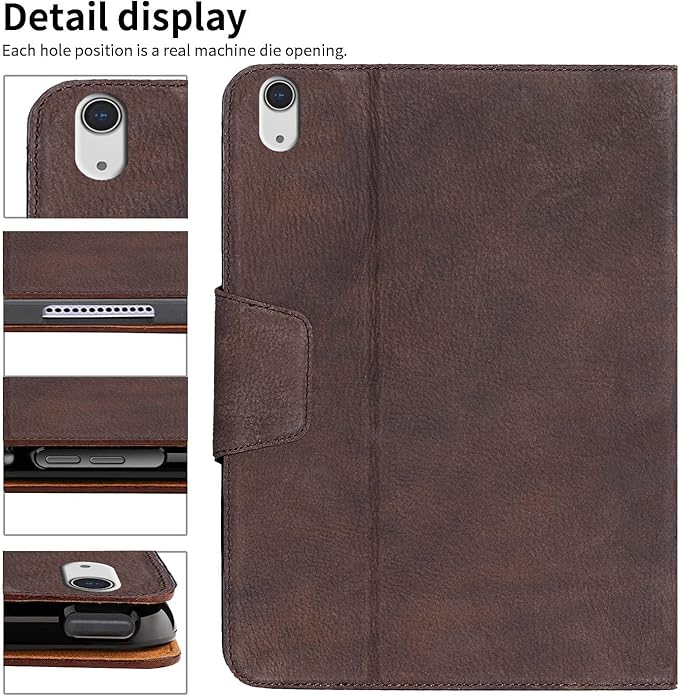 Gexmil Genuine Leather Case for iPad mini 7 (A17 Pro) 2024 / iPad mini 6 Generation 2021 8.3 InchMagnetic ClosurePencil HolderShockproof Cowhide CoverPencil 2 Wireless ChargingSand Dark Brown