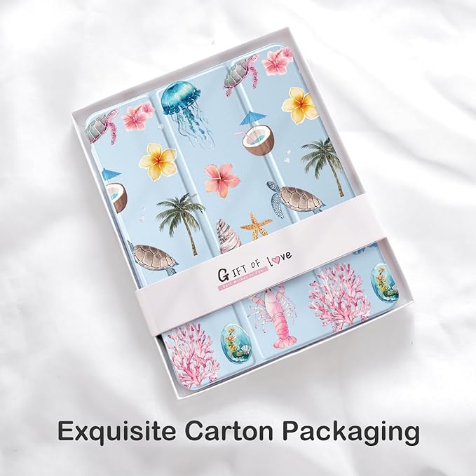 Cute Sea Turtle Flower Palm Tree for iPad mini 7 A17 Pro 2024/iPad Mini 6 Case with Pencil Holder Auto Sleep/Wake Blue Leather Clear Acrylic Back Cover