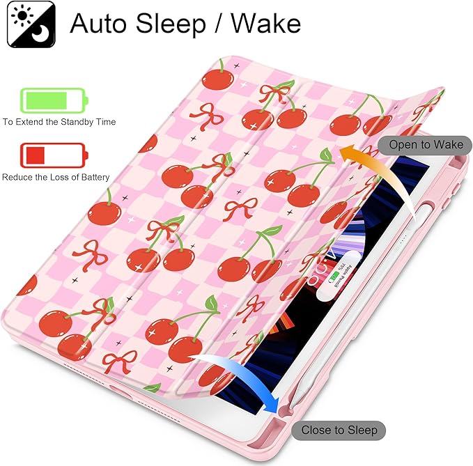 for iPad 9th Generation with Pencil Holder iPad 8th/7th Gen Case 10.2-inch [Built in Pencil Holder] Trifold Stand Auto Wake/Sleep Clear TPU Protection Back Cover Cherries and Bow