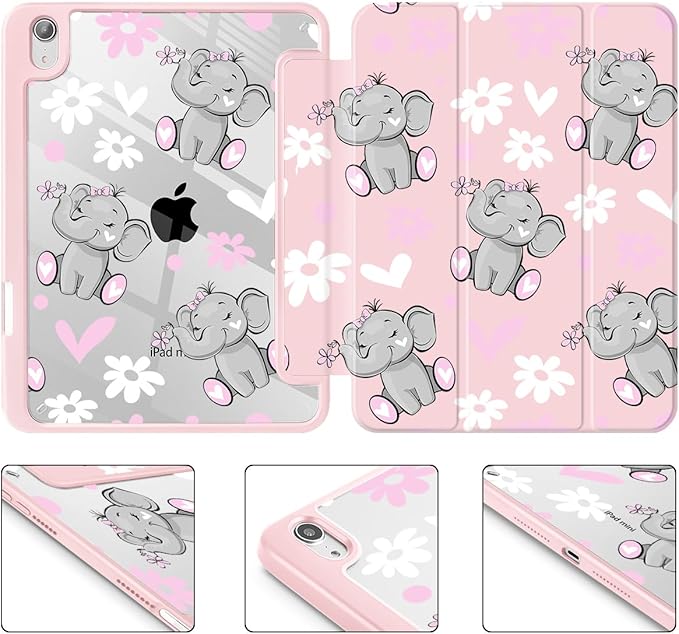 May Chen Slim Case for iPad mini 7 (A17 Pro 7th Generation) 2024 / iPad mini 6 (6th Gen) 8.3 Inch [Built-in Pencil Holder] Shockproof Cover Clear Clear Back Shell Auto Wake/Sleep Cute Elephant