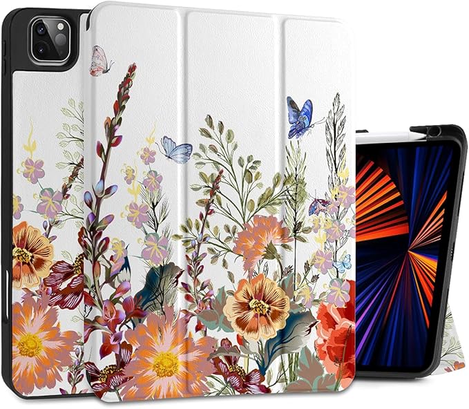 DONGKE Case for iPad Pro 11 inch (4th 3rd 2nd &amp 1st Gen) 2022 2021 2020 2018 Trifold Stand + Pencil Holder + Auto Wake/Sleep + Soft TPU Protective Stand Back Cover Floral