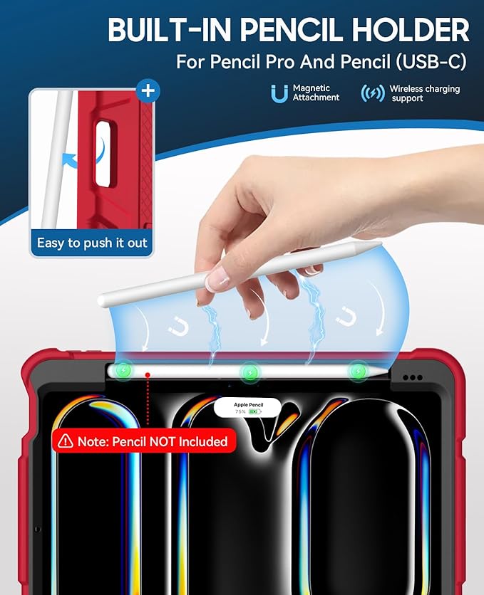 Case for iPad Pro 11 inch Case 2024 (M4) iPad 11 Pro C ase with Pencil Holder Built-in Stand Shockproof Rugged Protective Cover for iPad Pro 11 inch 5th Gen (Red)