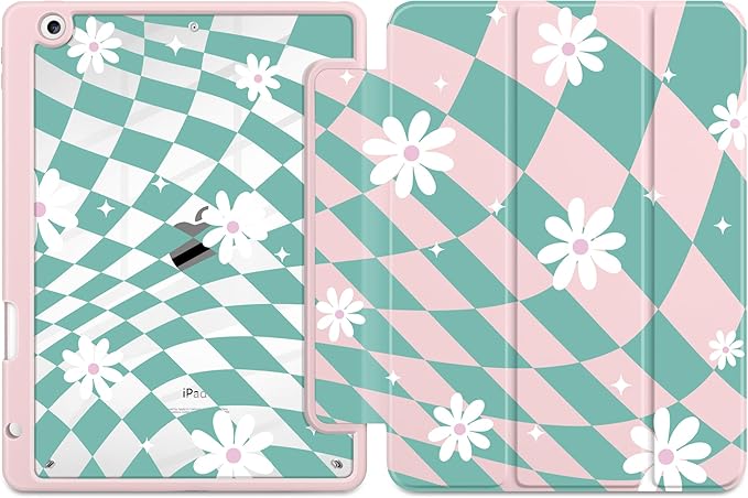 DONGKE for iPad 9th/8th/7th Generation Case 10.2 Inch (2021/2020/2019) [Auto Sleep/Wake &amp Pencil Holder] Clear Acrylic Back Trifold Stand Cover Checkered &amp Daisy