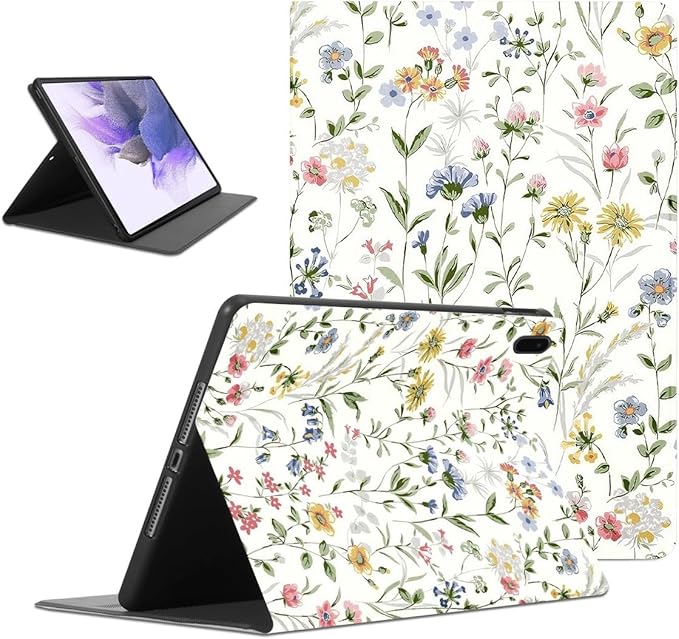 Aesthetics Colorful Flowers Tablet Case for Samsung Galaxy Tab S8/S7 Plus 2022/2020 S7 FE 2021 12.4 Cute Floral Leaves Pattern Cover for Girls Women Trendy Protective Flip PU Leather Funda