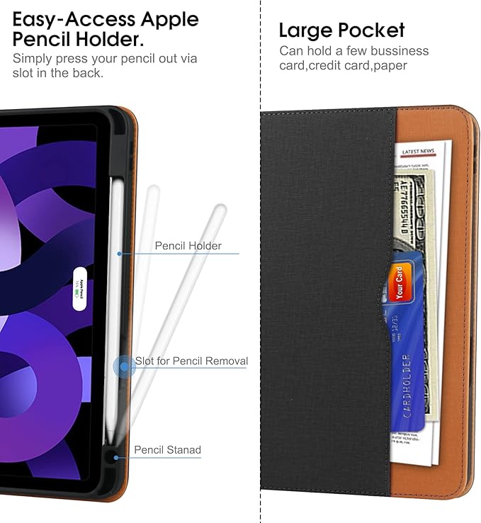 for iPad Air 5th/4th Generation Case 2022/2020 for iPad Air 10.9 Inch Case Cover with Built-in Pencil Holder and Hand Strap Auto Sleep/Wake Multiple Viewing Angles for iPad Air 5/4 Gen Black/Brown