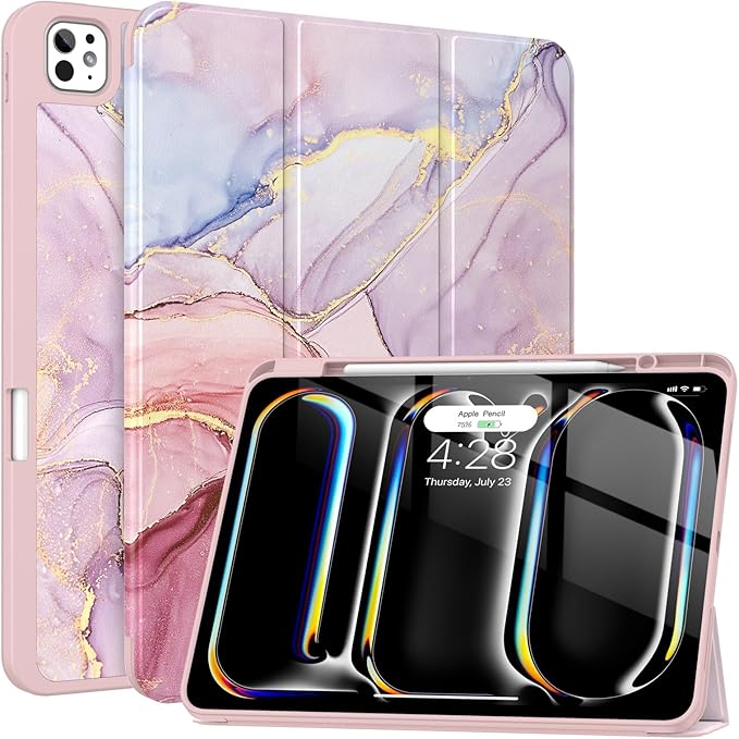 Soke Case for New iPad Pro 13 Inch (M5/M4 2025/2024 Release) with Pencil Holder Trifold Stand Shockproof [Support Apple Pencil Charging + Auto Wake/Sleep] Soft TPU Back Cover Dreamy Marble
