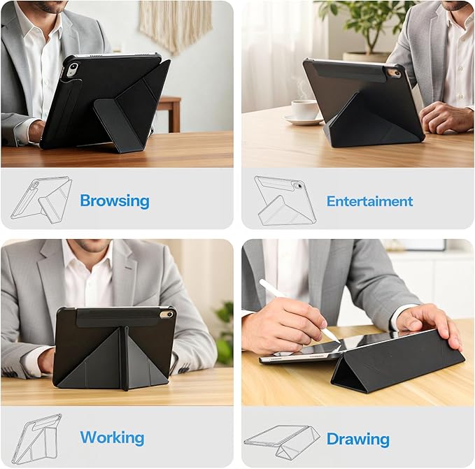 SPARIN Magnetic Case for iPad A16 11th/10th Gen (2025/2022) Origami Stand Cover with Auto Sleep/Wake Multi-Angle Viewing Hidden Pencil Holder Ultra Slim Lightweight &amp Stable on Sofa/Bed - Blac