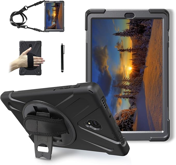 Case for Samsung Galaxy Tab A 10.5 2018 (SM-T590/T595/T597)Portable Heavy Duty Dropproof Protective Cover Case with 360 Rotating StandHandle &amp Shoulder StrapStylus Pen (New Black)