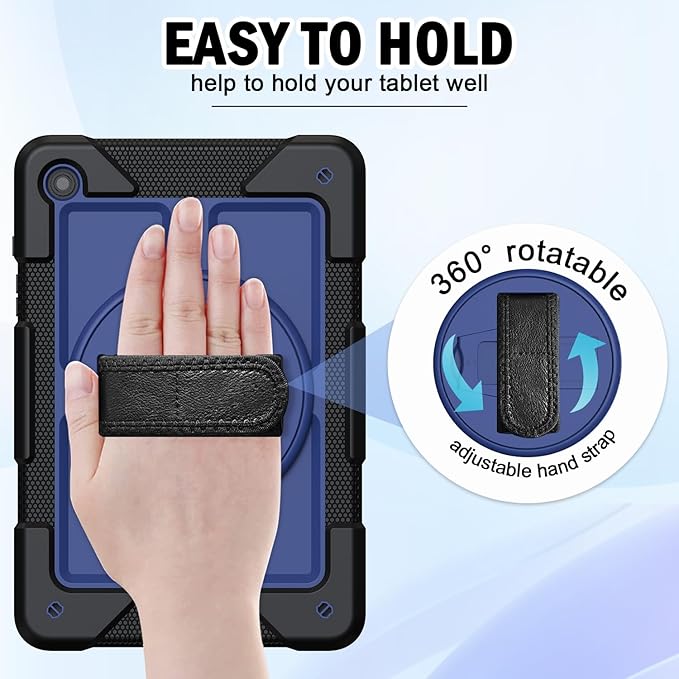 BMOUO for Samsung Galaxy Tab A9+ Plus Case 11 2023 (SM-X210/X216/X218) Shockproof Galaxy Tab A9 Plus Case with Rotating Stand and Hand/Shoulder Strap Navy Blue and Black