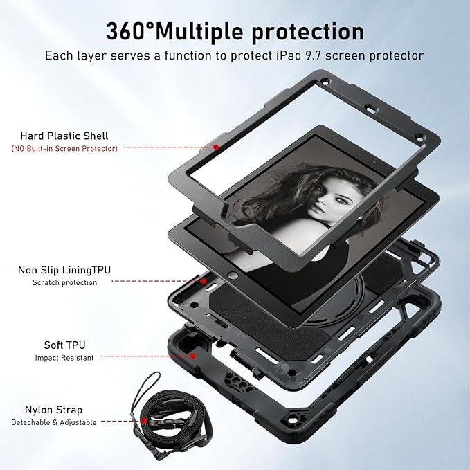 for iPad 6th Generation/iPad 5th Gen/iPad Air 2/iPad Pro 9.7 Case with Cute Key Chain Rugged Protective Case with Rotating Stand &amp Shoulder Hand Strap for iPad 6th/5th/ Air 2 (Black)