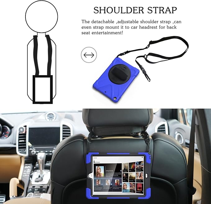 BRAECN for iPad Air Case iPad Air 9.7 Shockproof Case [Heavy Duty Full-Body Cover] with 360 Degree Swivel Kickstand/Hand Strap/Adjustable Shoulder Strap for Apple iPad Air 2013 -Blue