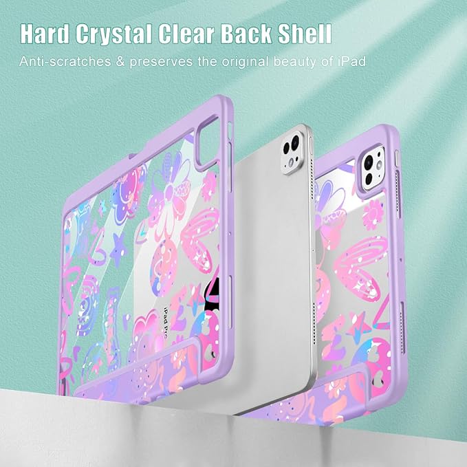 Tuiklol for iPad Pro 11 Inch (M5 2025 / M4 2024) Case Buit-in Pencil Holder with Slim Clear Back Cover Protection Trifold Stand-Auto Wake/Sleep Tablet Case Black Flower Fun Emotions