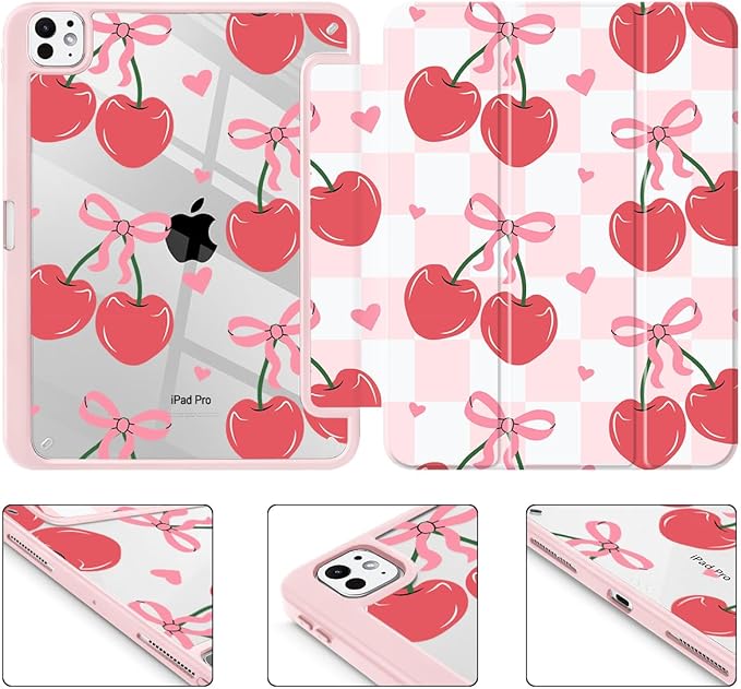 Mektron Case for M5/ M4 iPad Pro 11 inch 2025/2024 with Pencil Holder Compatible Models: A3357/A3358/A3359/A2836/A2837/A3006 Shockproof Cover Clear Shell Cherries Bows C353
