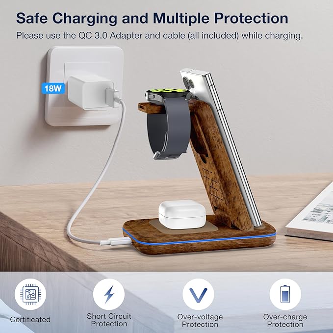 Wireless Charger for Samsung/Android HOLYJOY Foldable 3 in 1 Fast Charging Station/Stand/Multi Charger for Samsung S25 Ultra/S24/Note 20 Travel Pad for Galaxy Watch 8/7/6/5/Active 2 for Buds(Wood)