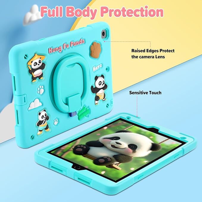 Case for iPad 9th/8th/7th Generation iPad 10.2 Inch 2021/2020/2019 Funny Cartoon Silicone 3D Panda Design Kids Case Heavy Duty Protection with Stand/Pencil Holder/Shoulder Strap